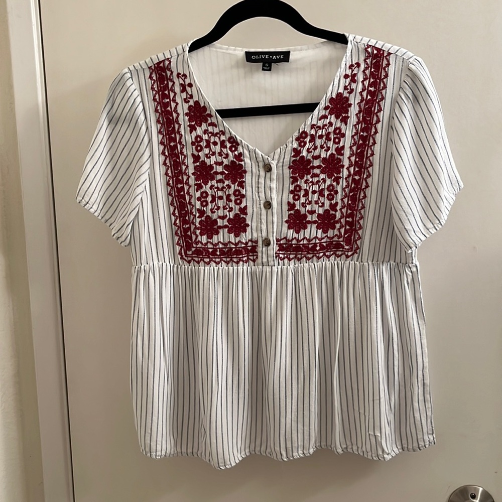 Olive•Ave | Striped Embroidered Top